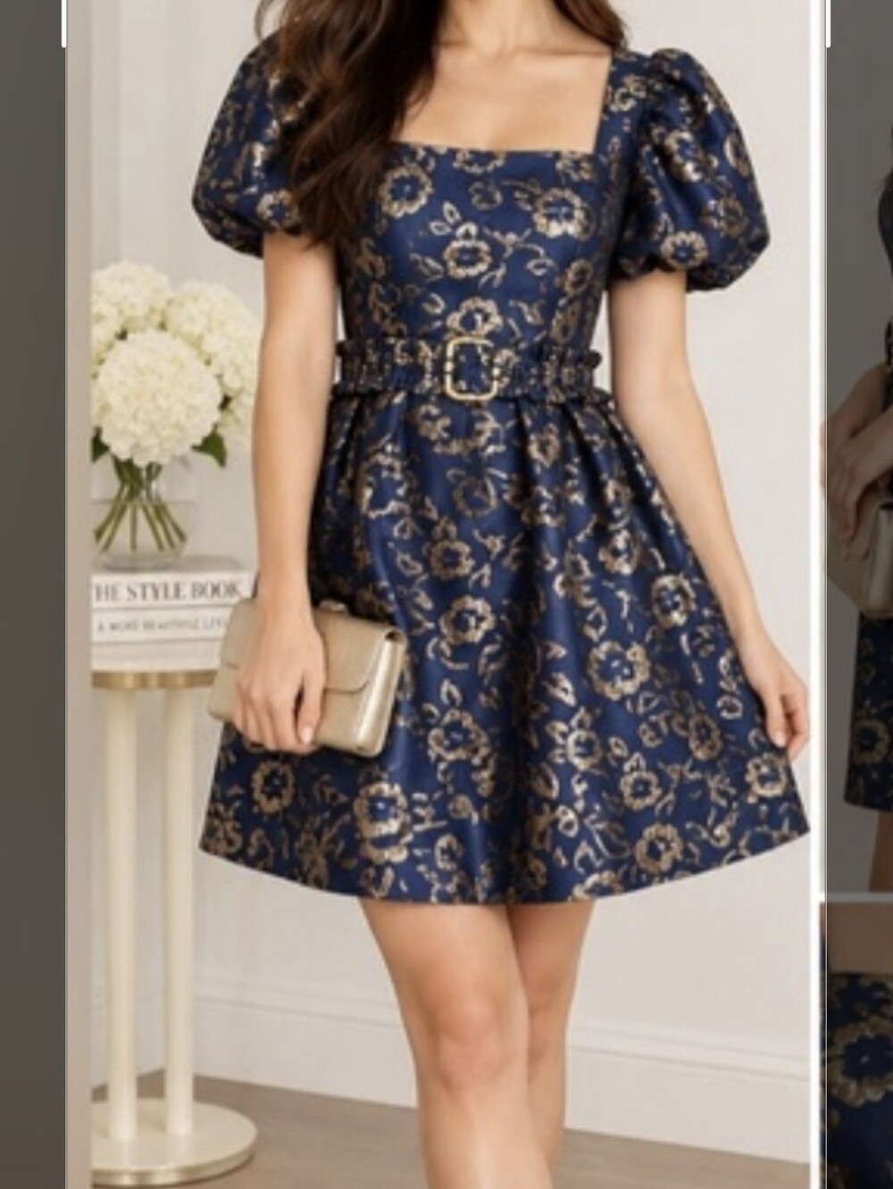 Lilly Pullitzer Navy & Gold Floral Belted Puff-Sleeve Dress